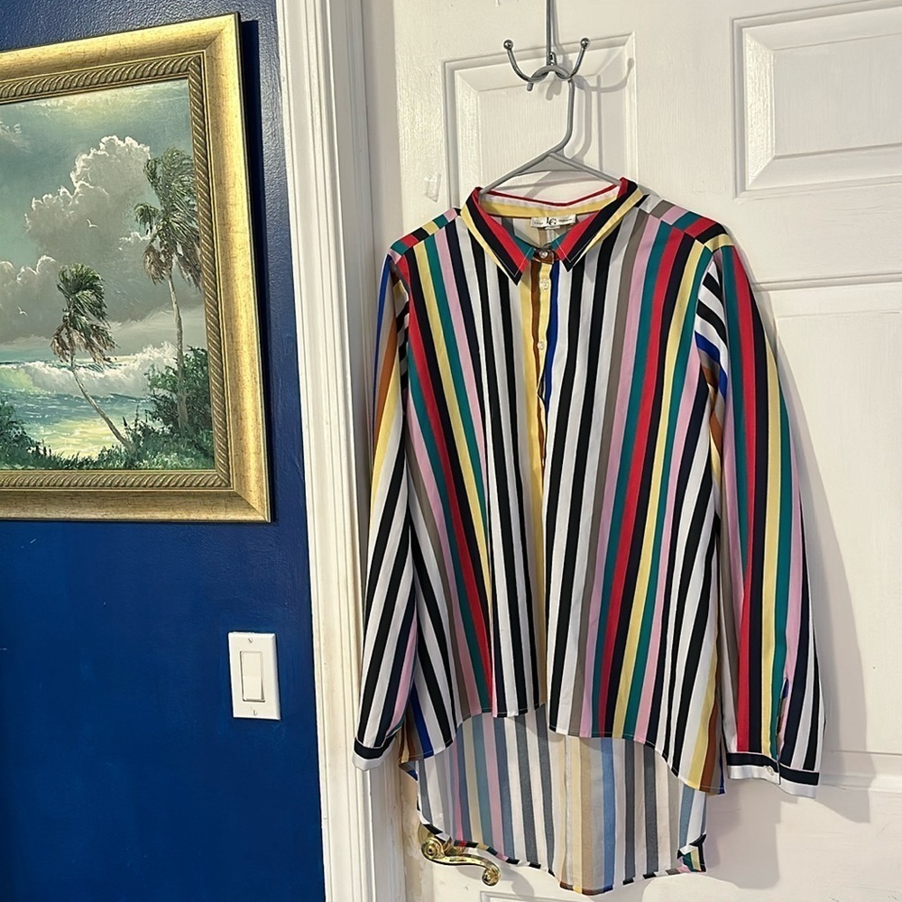 Women’s Lena Gabrielle High Low Vertical Polyester Stripe Blouse Top Size XL